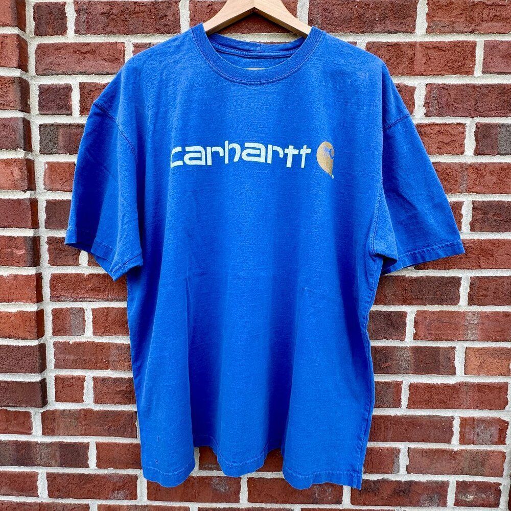Carhartt Tee Mens XL Blue Spellout Logo Rugged Distressed Fading Grunge Workwear